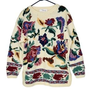 Vintage Norm Thompson Floral Wool Sweater Heavy Knit Sz M‎ Cottagecore Grandma